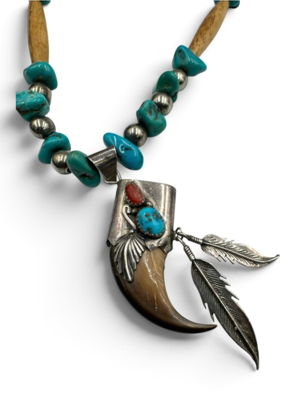 Signed Adam Fierro Sterling Turquoise Coral Bear Claw Pendant Necklace